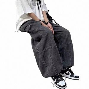 Houzhou Y2k Baggy Cargo Jeans voor Mannen Oversize Wijde Pijpen Denim Broek Mannelijke Hip Hop Broek Zakken Streetwear Losse Patchwork F84B #
