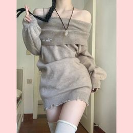 HOUZHOU Y2k Mini Gebreide Jurk Vrouwen Grunge Off Schouder Lange Truien Sexy Bodycon Jurken Winter Koreaanse Streetwear 240122