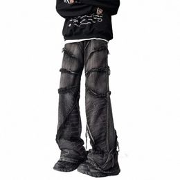 Houzhou Y2K Punk Noir Américain Street Rock Rétro Taille Haute Jeans Surdimensionnés Hommes Raw Edge Wed Darkwear Pantalons Larges Hommes 82GB #