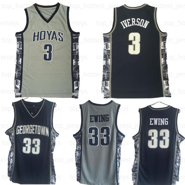 Hoyas 3 Iverson Basketball Mens Georgetown College Jersey 3 Allen 33 Patrick Ewing University Basketball Shirt Cousu Gris Maillots Chemise Homme