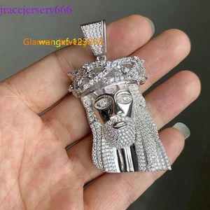 HQ Gems Solid s sier iced Out Moissanite Vvs Diamond Jesus Head Tête Sliver Colliers Men Pendant