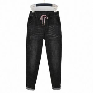 hs9901 Jeans sarouel pour femmes de grande taille, taille haute, extensible, ample, style coréen, coupe classique, blanchi, cordon de serrage, pantalon en denim 43AG #