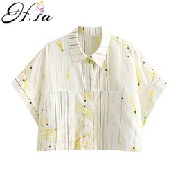 HSA y Tops Daisy Top Blusa de verano Mujer Manga corta Botón Up Camisas de cuello suelto Amarillo Floral 210417