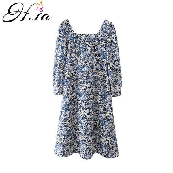 Hsa Mode Européenne Femmes D'été Longues Robes Col Carré Manches Bouffantes Floral Imprimé Robe Plissée Robe Élégante Boho 210716