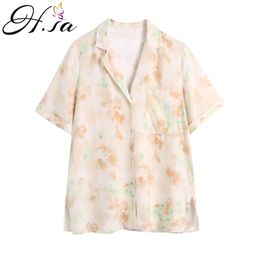 Hsa mode bloemen knoppen blouse shirt losse turn down kraag tops casual zomer dames vrouwelijke vrouwen korte mouw blusas bloemen 210716