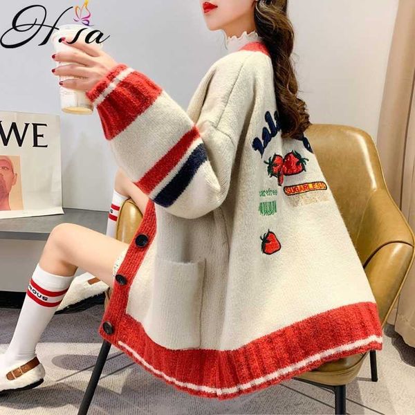 HSA Korean Style épais Mid-Longue Broidered Strawberry Pullberge Cardigan Women's Women Automne Loose et inactif Autumn 210716