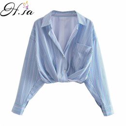 HSA Summer Chic Blusas voor vrouwen verticale chis blouses lange mouw afslaan lage kraag elegante formele blauw gestreepte tops 210716
