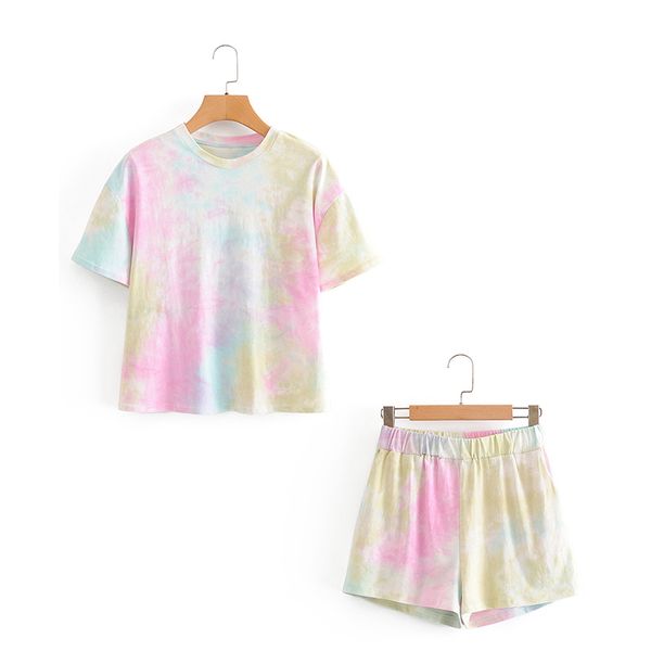 HSA Tie Dye T-shirts O-cou Rose Jaune Casual Tops 2 Pièces Top et Pantalon Court D'été Mode Vêtements Femmes 210417