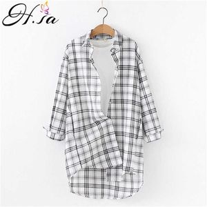 HSA Women Chic Long Blusa en shirts voor lange plaid blouse tops roze zomer zonnebrandcrème Long Beach Out Tops extra grote blusas 210716