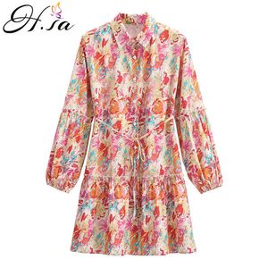 HSA Dames Chiffon Ruches Mouw Bloemen Print Mini Jurk Zomer Casual Turn Down Pink Plooited Office Dames Jurken 210716