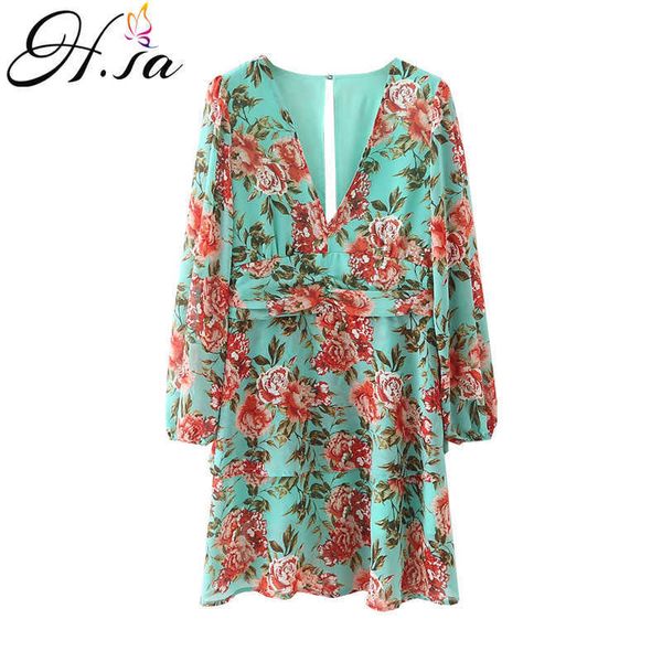 Hsa Mujeres Estampado floral Boho Vestido de fiesta Sexy V Cuello Manga larga Ropa de primavera con cintura Tie Elegante Vestido de día 210716