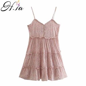 HSA damesjurk zoete zomer casual mode bohemien print dunne riem mouwloze roze jurk voor vrouwen 210716