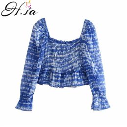 HSA Blusa de verano para mujer Manga larga acampanada Cuello oblicuo con hombros descubiertos Azul Tie Dye Blusa informal y camisas Tops cortos 210417