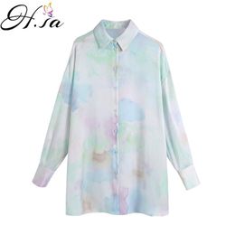 Hsa mulheres camisa de verão moda tie-dye impressão blusa solta vintage manga comprida botão-up camisas femininas blusas chiques 210716