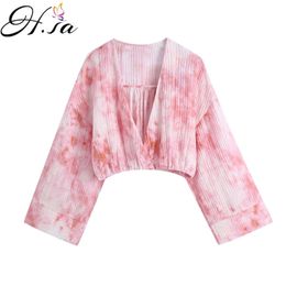 Hsa femmes hauts et bloues été rose cravate teinture Kimono chemise à manches longues Blusas Mujer Blouse printemps automne lâche chemises haut 210430