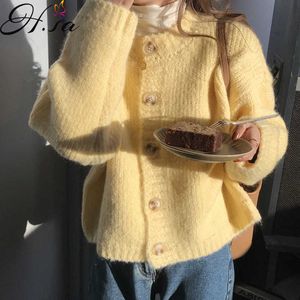 Hsa Jaune Cardigan Chandail Femmes Tricoté Manteau Automne Hiver Coréen Épais Chaud Bouton UpTops Tricoté Top cardigan surdimensionné 210716