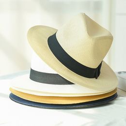 HT2261 Nieuwe zomerhoeden voor mannen Women Straw Panama Hoeden Solid gewone brede runderhoeden met band unisex Fedora Sun Hat Y200602