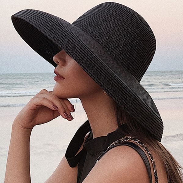 HT2303 New Summer Sun Chapeaux Dames Solide Plaine Élégant Large Bord Chapeau Femme Ronde Top Panama Floppy Straw Beach Hat Femmes Y200602