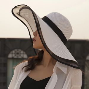 HT2504 Sun Hat Zomer Antiuv Lady Wide Brim Women Solid Floppy Straw Hats voor vrouwelijke Mesh Beach Hat240409