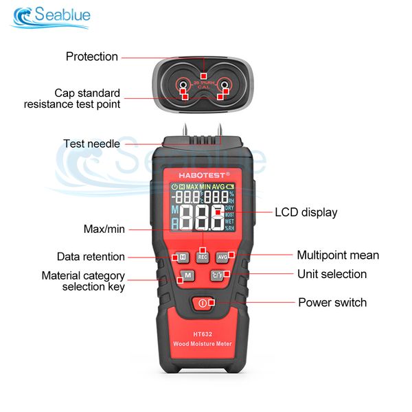 HT632 Digital Wood Mydrat Meter Wall Water Tester Humidity Metter Deux broches Hygromètre en béton de ciment de ciment de brique 0-99,9% Rh