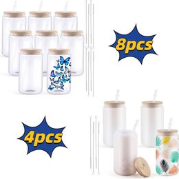 HTVRONT 48 Pack 16OZ Gobelets à sublimation en verre transparent avec couvercle en bambou Sublimez les blancs de gobelet DIY pour tasses à café glacé 240115