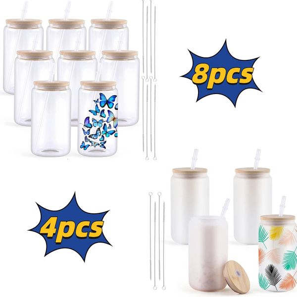 HTVRONT 48 Pack 16OZ Gobelets à sublimation en verre transparent avec couvercle en bambou Sublimez les blancs de gobelet DIY pour tasses à café glacé 240115