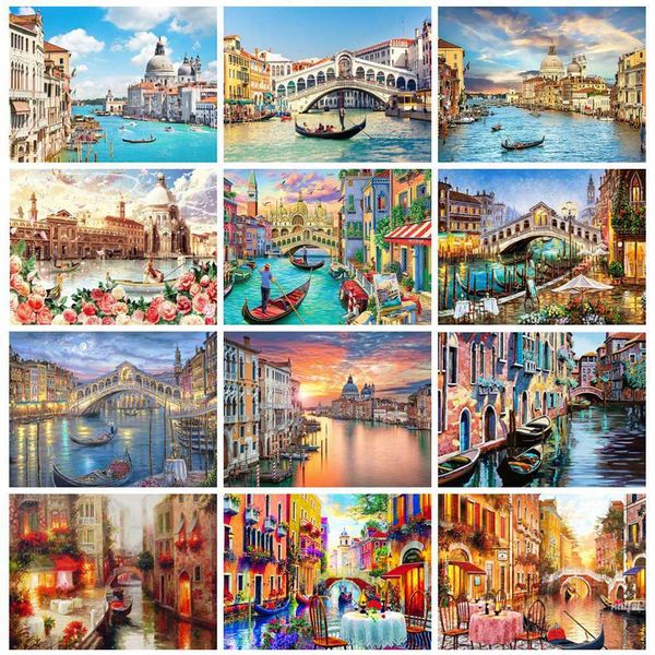 Huacan 5d bricolage diamant peinture venise paysage broderie mosaïque rivière ville paysage décor à la maison autocollant mural