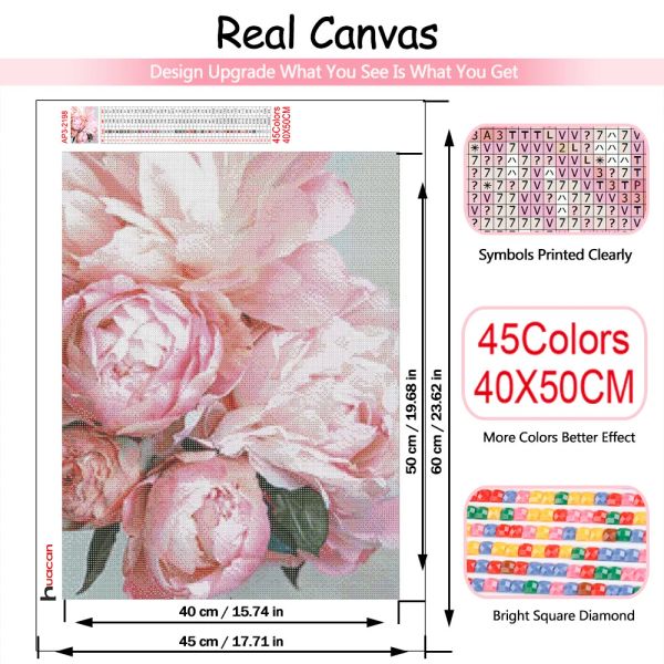 Huacan Diamond Painting Flower Full Square Diamond Mosaic Pink Peony Cross Cross Rhinestones Decoración de la sala de la imagen