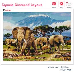 Huacan Diamond Painting Kit Elephant Family Square Round Mosaic Cross Stitch Pitts Mountain Scenery