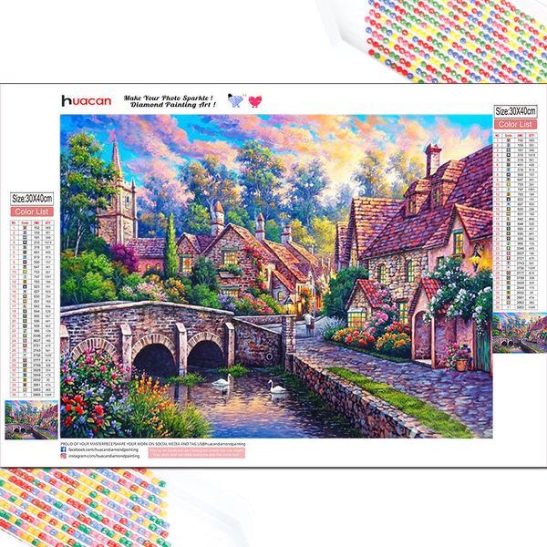 Huacan Full Square Diamond Broderie House River Cross Crost Stitch DIY Diamond Painting Landscape Mosaic Swan Wall Art