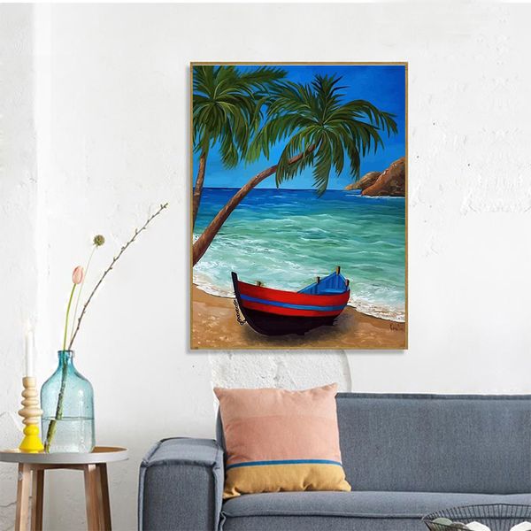 Imagen de Huacan por número de paisajes junto al mar en marco de bricolaje dibujando en lienzo de pintura al óleo verano para una decoración del hogar pintado a mano para adultos