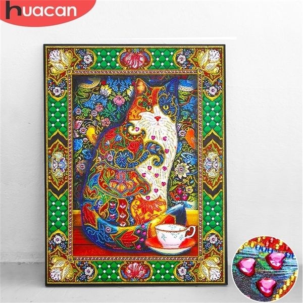 HUACAN Spécial En Forme De Diamant Peinture Animal Image De Strass 5D DIY Partiel Rond Diamant Mosaïque Chat Décor À La Maison 40x50 201201