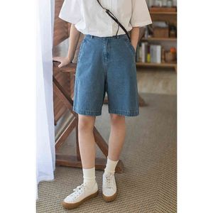 Huang Zhengs zelfgemaakte blauwe denim shorts dames lente en zomer losse ontwerp kleine man wijde pijpen broek W220331