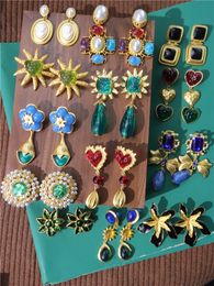 Huanzhi Gold Color métal grandes boucles d'oreilles vintage pour femmes bijoux géométrique émail rétro baroque cristal brillant perles pierres 240423