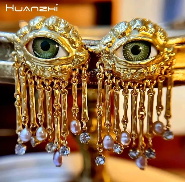 Huanzhi Personalité yeux boucles d'oreilles étalons couleurs or metal perlé tassel pour femmes filles en laiton américain européen bijoux vintage 240416