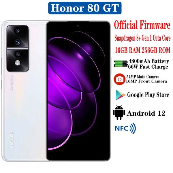 Huawei honor 80 gt 5g teléfono móvil 6,67 pulgadas pantalla amoled snapdragon 8 octa core 66w sobrecargar 4800mah nfc 12gb 256gb512gb