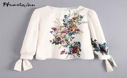 HUAXIAFAN Women Floral Blouse White shirts bloemenprint tops vrouwelijke vlinderdiootdas met lange mouwen shirt o nek kantoor dames shirts blouse4896790