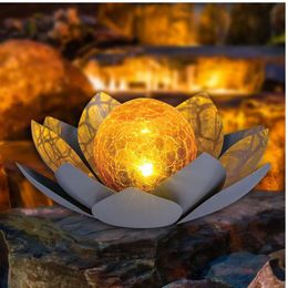 Huaxu Solar Powered Outdoor Garden Amber Crache Globe Glass Lotus Décoration, lampe de fleurs en métal gris étanche gris adaptée aux cours, pelouses, passerelles,