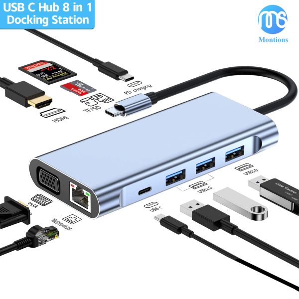 Hubs 10 en 1 USB C Hub Agking Station avec 4K HDMI VGA USB Thunderbolt 3 Gigabit Ethernet Audio SD / TF pour PC MacBook Air M1 iPad Pro