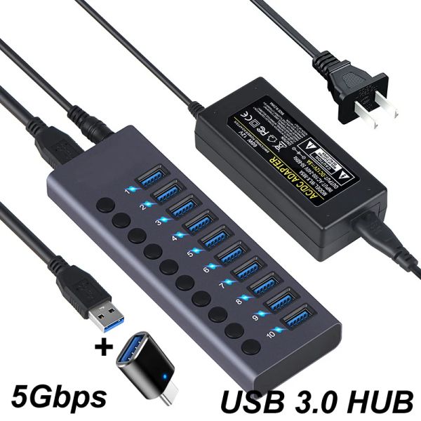 Hubs 10 ports USB 3.0 CHARGING CHARGING 5 Gbps Terrain de données Sparking Splitter Station d'amarrage Power 60W Interrupteur d'éclairage LED Adaptateur