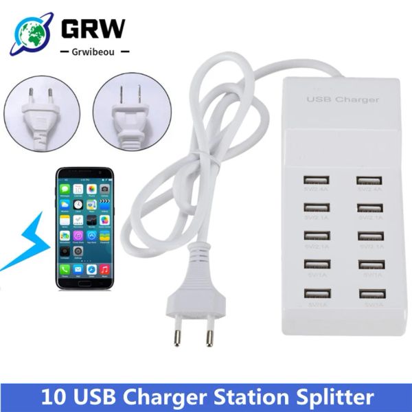 Hubs 10 USB Charger Station Splitter 60W Teléfono móvil Charger Hub Smart IC Charge Universal para iPhone Samsung Mp3 tableta etc.