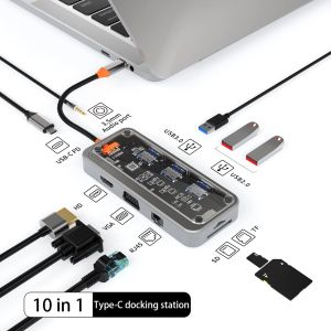 HUBS 10in1 La estación de acoplamiento de la computadora portátil Support Support PD3.0 CARGA RÁPIDA PORTO USB PORT Multi Splitter Port HDMicompatible 4K/30Hz