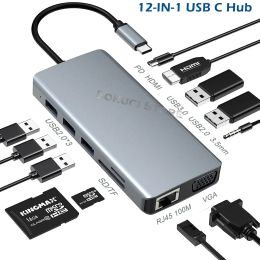 Hubs 12/9/8 dans 1 USB Type C Hub Typec à 4K HDMICOMPATIBLE ADAPTER VGA RJ45 LAN ETHERNET SD TF PD 3,5 mm Audio / mic pour MacBook Pro
