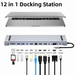 Hubs 12in1 TYPEC USB 3.2 Hub VGA Three écran Affichage MST Gigabit Ethernet Port USB C Adaptateur Gigabit Ethernet pour ordinateur portable PC