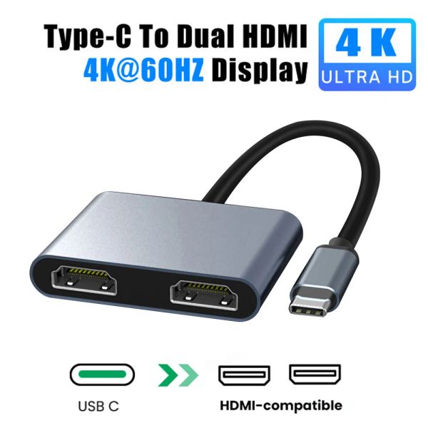 Hubs 2 puertos USB C Hub Typec a Dual Adaptador HDMicompatible 4K 60Hz Expansión de doble pantalla 4 en 1 expansor USB para PC de teléfonos portátiles PC