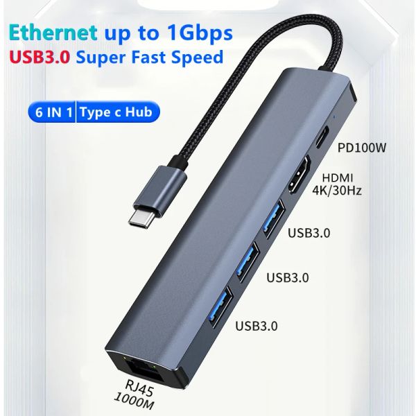 Hubs 5/6 dans 1 station d'accueil USB C avec Gigabit 1000m Ethernet USB 3.0 HDMI 4K 100W PD Charge USBC Hub Adaptateur pour MacBook iPad