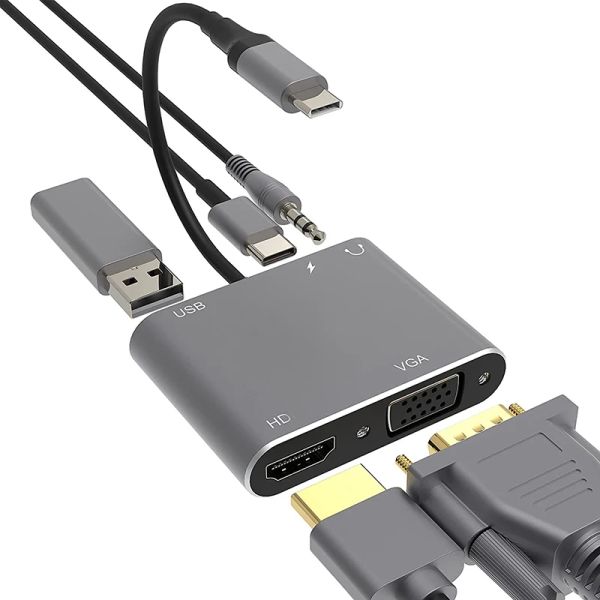 Hubs 5 dans 1 Hub USB 3.0 Type C à VGA HDMICOPATIBLE SORTIE Adaptateur 4K 1080p Convertisseur vidéo universel pour le chrome ordinateur