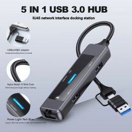 Hubs 5 in 1 Type C Hub Hoge snelheid Gegevens Synchronisatie USB 3.0 Hub Splitter Card Reader Multiport met SD TF -poorten RJ45 Computer Accessorie Hub