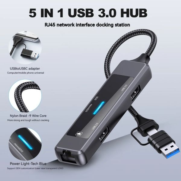 Hubs 5 en 1 type C Hub Data High Speed Data Sync USB 3.0 Hub Splitter Carte Reader Multiport avec SD TF Ports RJ45 Computer Accessorie Hub