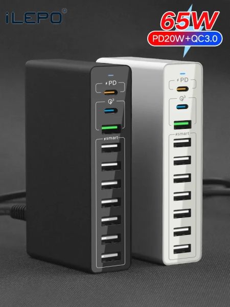 Hubs 65W 10 USB Chargeur de charge rapide Type C PD 20W pour Samsung iPhone 14 13 Pro Max 60W Phones mobiles plusieurs ports Station de hub